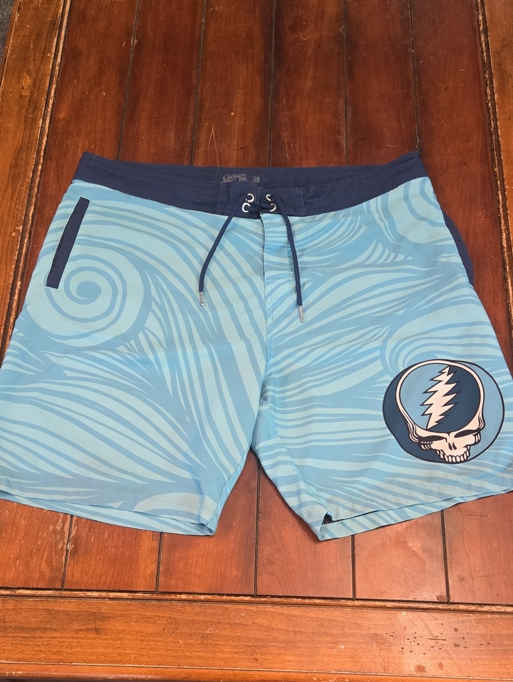 Section 119 Grateful Dead Light Blue Men's Swim Board Shorts with Navy Waistband